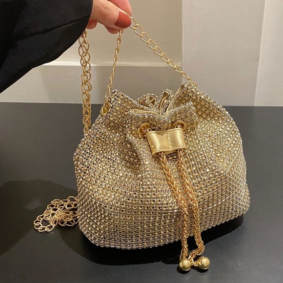 Luxe Textured Chain Handle Bucket Evening Party Formal Shoulder Crossbody - Picture 2 of 9